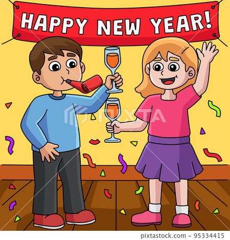 Children Celebrating New Year Colored Cartoon Children Celebrating New Year Colored Cartoon 95334415