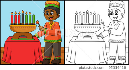 Kwanzaa Boy Lighting Kinara Coloring Illustration Kwanzaa Boy Lighting Kinara Coloring Illustration 95334416