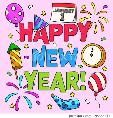 Happy New Year January 1 Colored Cartoon Happy New Year January 1 Colored Cartoon 95334417