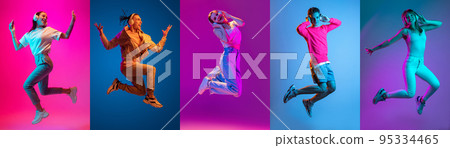 Collage of portraits of young excited expressive people jumping, dancing isolated on multicolored background in neon light. Music, dance, youth, energy 95334465