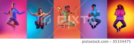 Set of images of young diverse emotional men and women in motion isolated on multicolored background in neon light. Music, dance, youth, energy Set of images of young diverse emotional men and women in motion isolated on multicolored background in neon light. Music, dance, youth, energy 95334475
