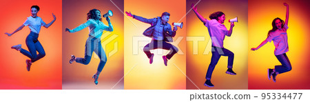 Collage of portraits of young excited expressive people jumping, dancing isolated on multicolored background in neon light. Music, dance, youth, energy Collage of portraits of young excited expressive people jumping, dancing isolated on multicolored background in neon light. Music, dance, youth, energy 95334477