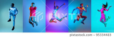 Set of images of young diverse emotional men and women in motion isolated on multicolored background in neon light. Music, dance, youth, energy Set of images of young diverse emotional men and women in motion isolated on multicolored background in neon light. Music, dance, youth, energy 95334483
