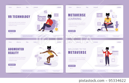 Metaverse landing page template collection. African women wearing VR glasses. Augment reality or Cyberspace concept. Modern technology entertainment. Vector illustration in flat cartoon style Metaverse landing page template collection. African women wearing VR glasses. Augment reality or Cyberspace concept. Modern technology entertainment. Vector illustration in flat cartoon style 95334622