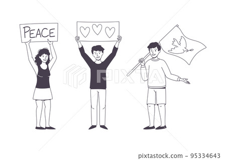 Man and Woman Character Partaking in Demonstration for Peace with Placard Vector Set 95334643