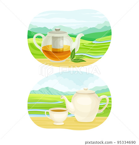 Tea Green Terrace Field Plantation with Cup and Teapot with Hot Aromatic Beverage Vector Set 95334690