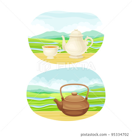 Tea Green Terrace Field Plantation and Teapot with Hot Aromatic Beverage Vector Set Tea Green Terrace Field Plantation and Teapot with Hot Aromatic Beverage Vector Set 95334702