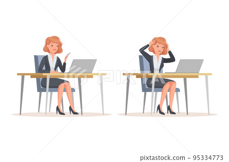 Office Woman in Suit at Desk with Laptop Engaged in Workflow Vector Set 95334773