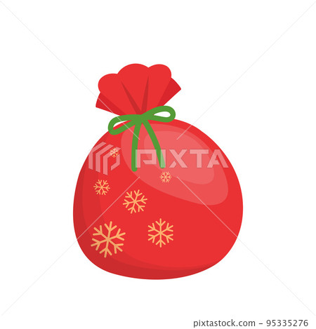 紅色的聖誕節禮物袋子與綠色的緞帶,雪花圖案,向量卡通風格 95335276