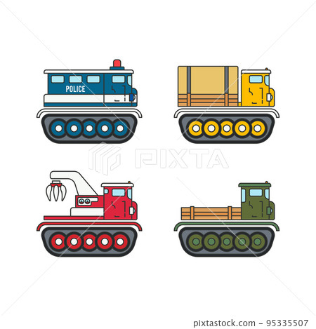 Color vector icon set illustration special rescue caterpillar truck. Emergency assistance heavy vehicle. Simple retro style. Urban lifeguard. Maintenance rescue. Fire depart. Police siren. Risk job. Color vector icon set illustration special rescue caterpillar truck. Emergency assistance heavy vehicle. Simple retro style. Urban lifeguard. Maintenance rescue. Fire depart. Police siren. Risk job. 95335507