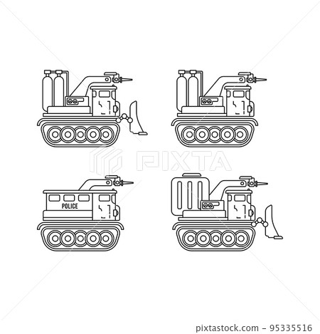Line vector icon set illustration firefighters caterpillar truck. Emergency assistance heavy vehicle. Simple retro style. Fireman lifeguard. Maintenance rescue. Fire department. Extinguisher. Siren. 95335516