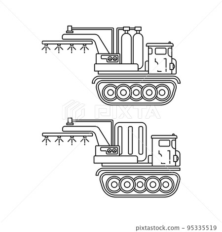 Line vector illustration icon set industrial farming machinery caterpillar truck fertilizers sprayer. Simple retro style. Agronomy industrial tool transportation. Power harvesting tractor diesel. 95335519
