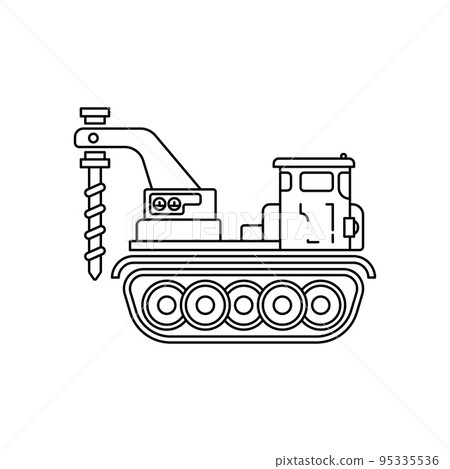Line flat vector illustration icon construction machinery caterpillar truck drill. Simple retro style. Oil and gas industrial tool transportation. Building business engineering. Power tractor diesel. 95335536