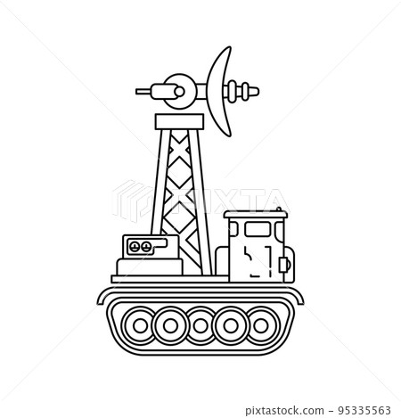 Line flat vector illustration icon infantry assault army anti-aircraft radar system. Military heavy vehicle simple retro style. Soldiers equipment. Armored corps weaponry. Tractor caterpillar war unit 95335563