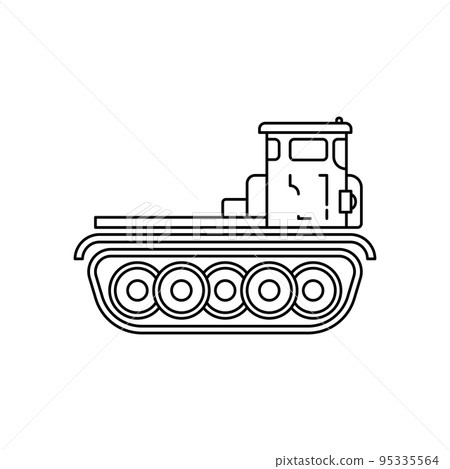 Line flat vector illustration icon infantry assault army artillery tractor. Military heavy vehicle. Simple retro style. Soldiers equipment. Armored corps. Weaponry. Tractor caterpillar unit. Tow. War. 95335564