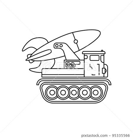 Line flat vector illustration icon infantry assault army aircraft missile. Military heavy vehicle. Simple retro style. Soldiers equipment. Armored corps. Weaponry. Tractor caterpillar unit. Tow. War. 95335566