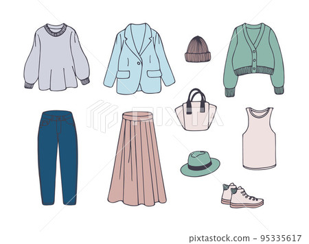 Set of hand drawn spring women's clothing.-插圖素材 [95335617] - PIXTA圖庫