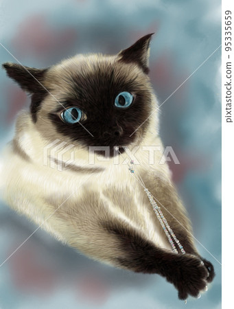 A playful cat is frantically playing with necklace A playful cat is frantically playing with necklace 95335659