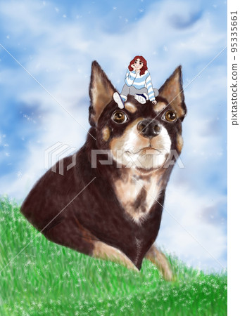 Little girl sitting on the head of a beloved dog. Little girl sitting on the head of a beloved dog. 95335661