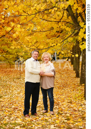 Active seniors on a walk in forest 95336339