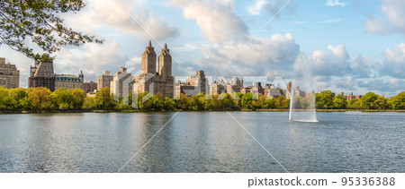 Panorama with Eldorado building and reservoir with fountain in Central Park in midtown Manhattan in New York City upper west side 95336388
