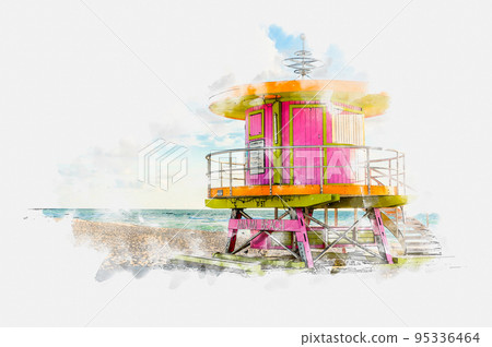 Watercolor painting illustration of Lifeguard tower in South Beach in Fort Lauderdale Florida, USA Watercolor painting illustration of Lifeguard tower in South Beach in Fort Lauderdale Florida, USA 95336464