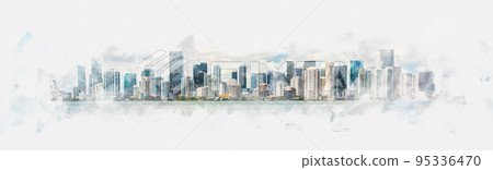 Digital watercolor painting of Miami skyline with skyscrapers 95336470