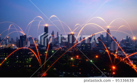 Smart digital city with connection network reciprocity over the cityscape 95336639