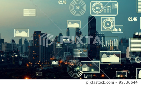 Business data analytic interface fly over smart city showing alteration future 95336644
