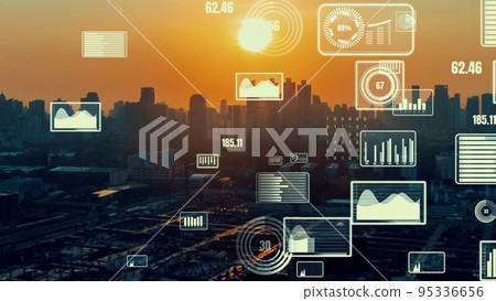 Business data analytic interface fly over smart city showing alteration future Business data analytic interface fly over smart city showing alteration future 95336656