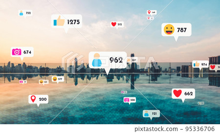 Social media icons fly over city downtown showing people reciprocity connection 95336706