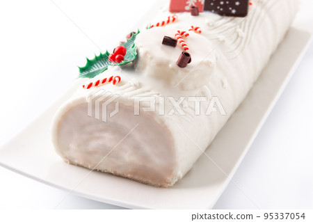 White chocolate yule log cake with christmas ornament isolated on white background White chocolate yule log cake with christmas ornament isolated on white background 95337054