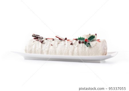 White chocolate yule log cake with christmas ornament isolated on white background White chocolate yule log cake with christmas ornament isolated on white background 95337055