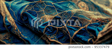 Spectacular pattern of blue and gold silk. Digital art 3D illustration. Spectacular pattern of blue and gold silk. Digital art 3D illustration. 95337479