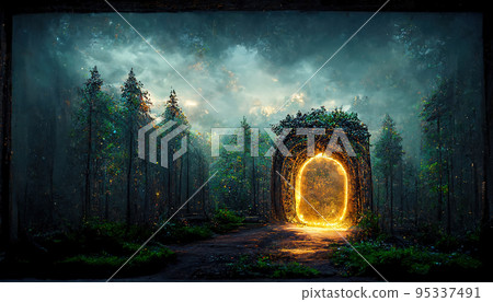 Spectacular portal archway in fantasy forest. Digital art 3D illustration 95337491