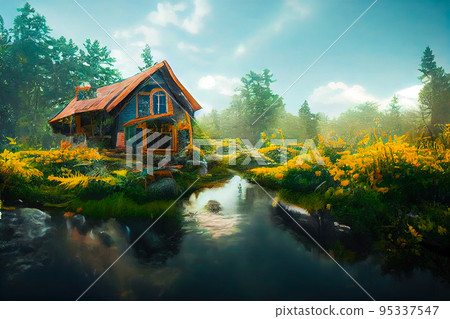 Painting style digital art of spectacular cottage in forest Painting style digital art of spectacular cottage in forest 95337547