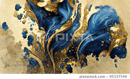 Spectacular dark blue and gold ink swirled around. Digital art 3D illustration. Spectacular dark blue and gold ink swirled around. Digital art 3D illustration. 95337549