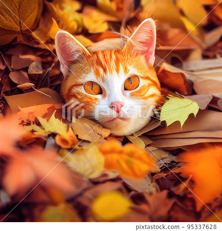 Adorable cat peeking out of yellow leaves pile spectacular 3D illustration Adorable cat peeking out of yellow leaves pile spectacular 3D illustration 95337628