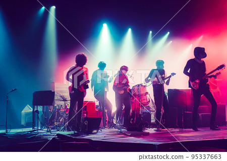 Crowd of people in music festival at spectacular night concert 95337663