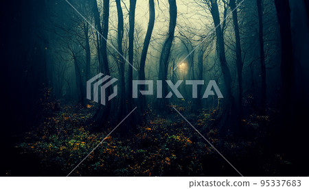Dark scary forest cursed by witch spell spectacular 3D illustration 95337683