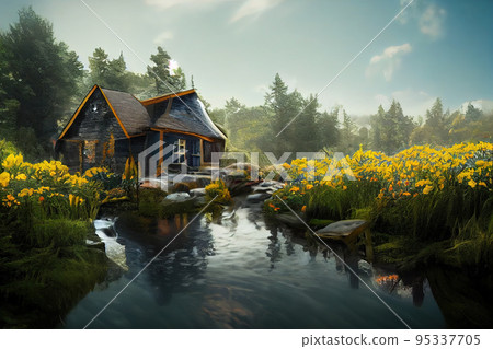 Painting style digital art of spectacular cottage in forest 95337705