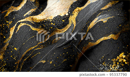 Spectacular dark black and gold ink swirled around. Digital art 3D illustration. Spectacular dark black and gold ink swirled around. Digital art 3D illustration. 95337790