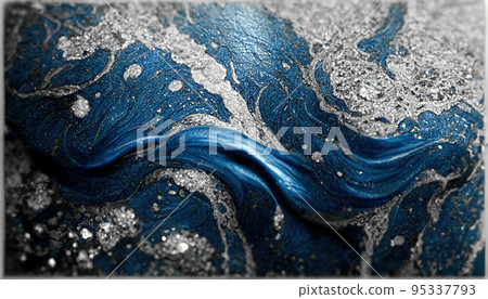 Spectacular dark blue and white ink swirled around. Digital art 3D illustration. 95337793