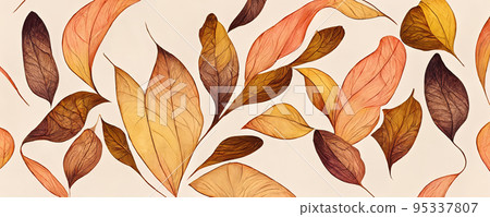 Spectacular autumnal digital art 3D illustration for diverse leaf shapes. 95337807