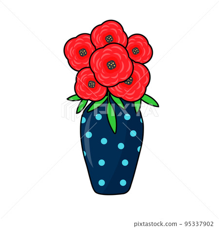 Polka dot vase with bright flowers. Can use as a sticker or icon.  95337902