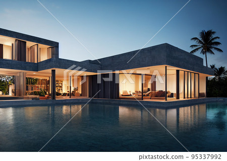 Luxury pool villa spectacular contemporary design 3D illustration digital art Luxury pool villa spectacular contemporary design 3D illustration digital art 95337992