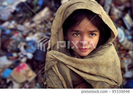 3D illustration of little girl in landfill spectacular detailed digital art 95338046