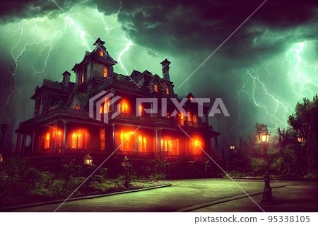 Abandoned ghost house scary night spectacular 3D illustration digital painting Abandoned ghost house scary night spectacular 3D illustration digital painting 95338105