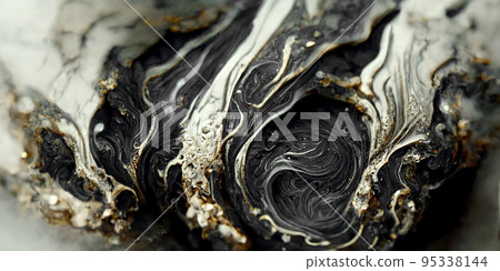 Spectacular black and golden ink swirled around. Digital art 3D illustration. Spectacular black and golden ink swirled around. Digital art 3D illustration. 95338144