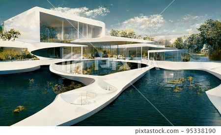 Luxury pool villa spectacular contemporary design 3D illustration digital art Luxury pool villa spectacular contemporary design 3D illustration digital art 95338190